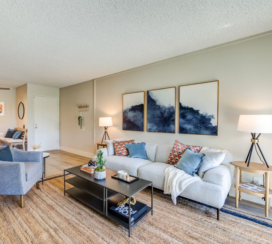 Large, sunny, and spacious living room at The Landing at Channel Islands in Oxnard, California