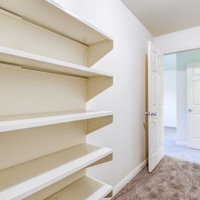 Storage shelves in a closet in a home at O'Neill Heights East in Oceanside, California