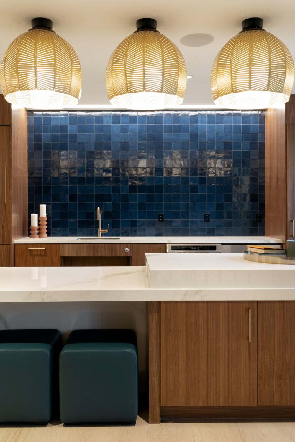 Community kitchen in the resident lounge at J Vue at The LMA in Boston, Massachusetts