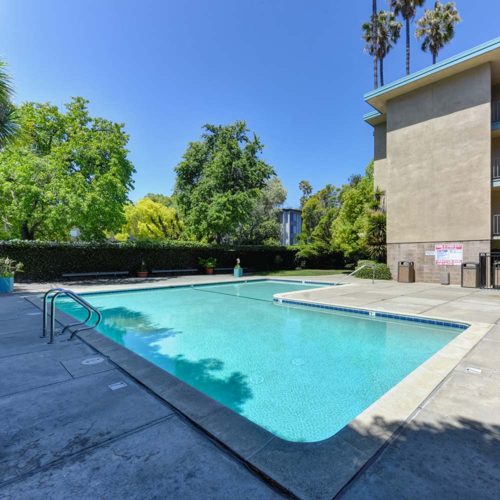 Sparkling swimming pool at Fayette Arms Apartments in Mountain View, California,