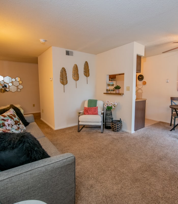 Spacious living room at Raintree Apartments in Wichita, Kansas