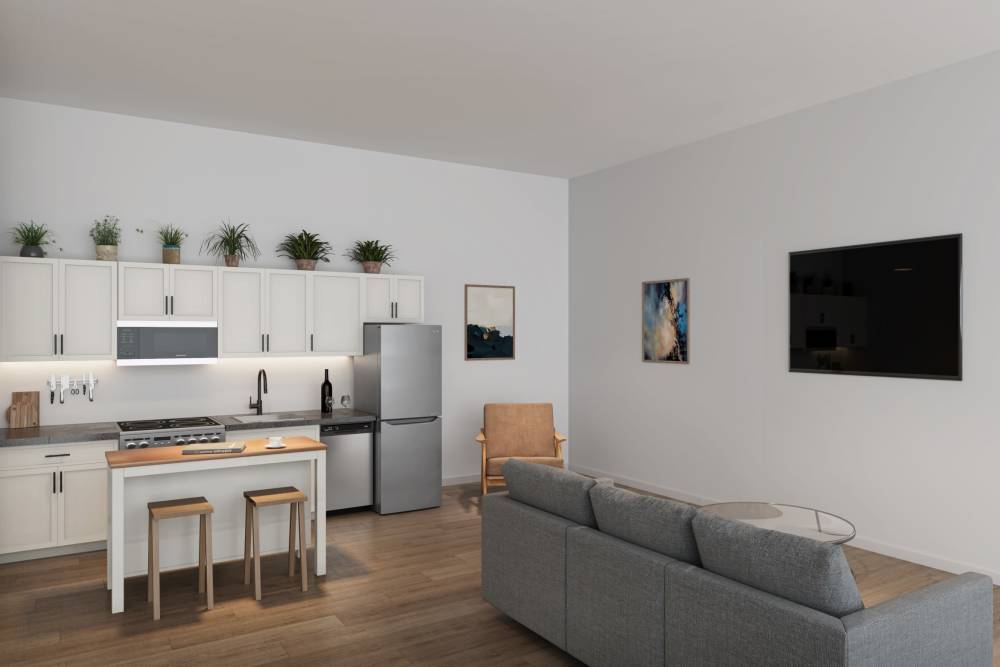 Living room with kitchen and dining area Woodland Flats in Gresham, Oregon