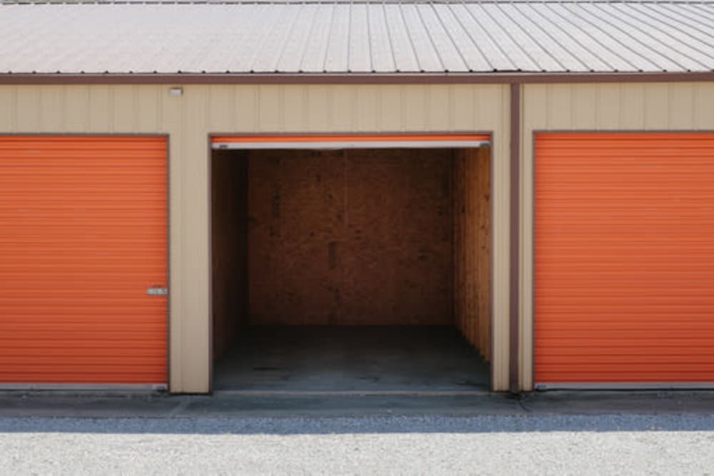 Roll-up doors on self storage units at StayLock Storage in Kouts, Indiana
