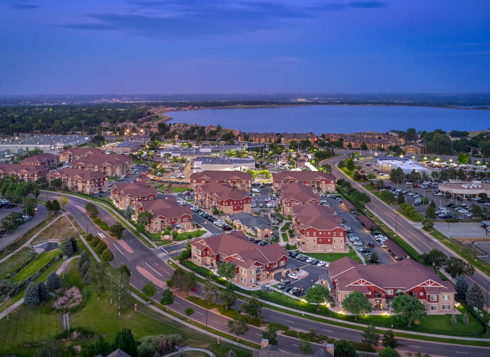 An aerial view of M2 Apartments and the surrounding area of Denver, Colorado