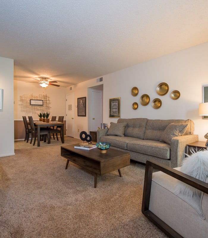 Spacious living room at Raintree Apartments in Wichita, Kansas