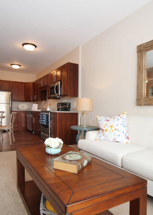 Open concept living area with carpeted living room and fully equipped kitchen at The Pillars of Mankato in Mankato, Minnesota