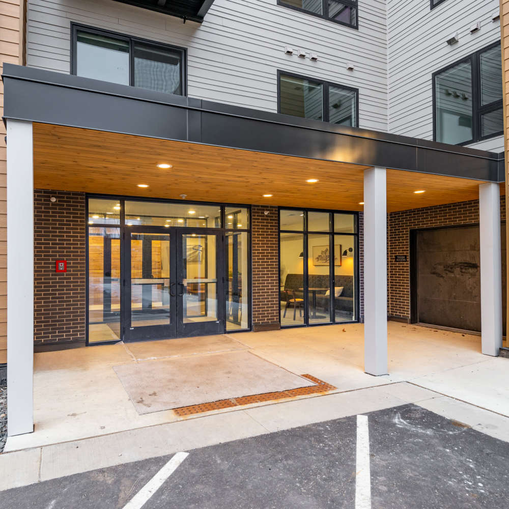 Entrance porch of The Uptown Apartments in Waconia, Minnesota