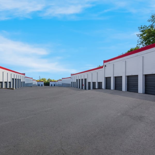 Drive up storage units with wide drive aisles at StorQuest Economy Self Storage in Centerville, Ohio