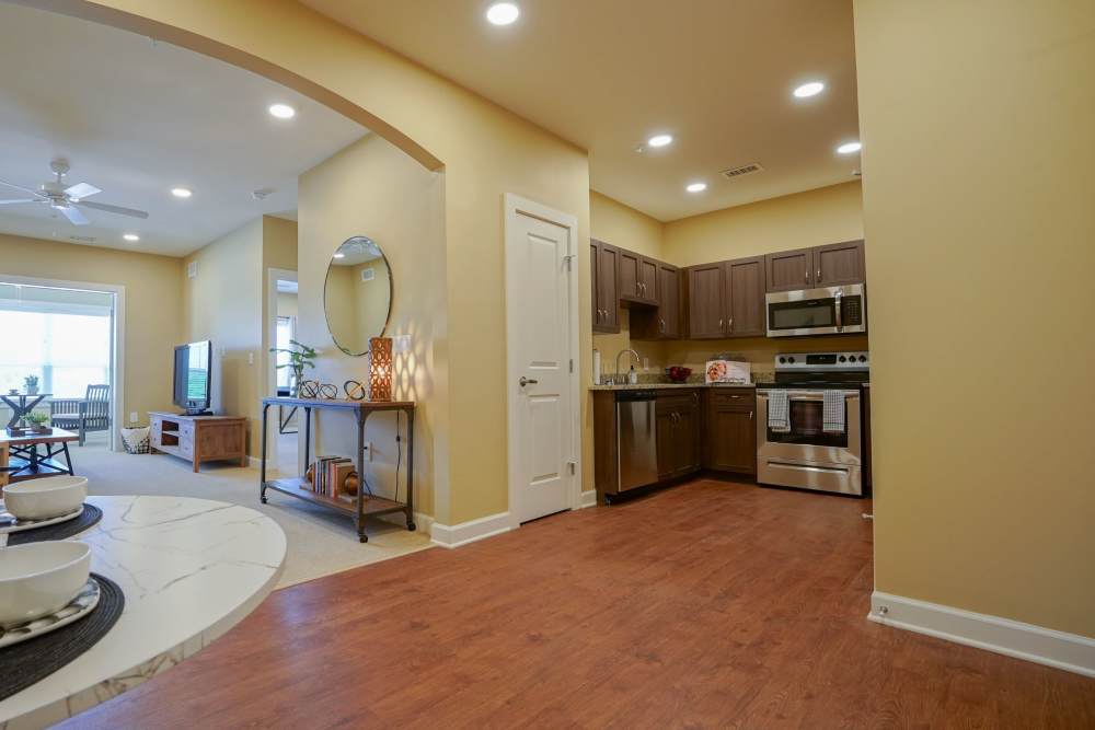 Kitchen with access to living area at Harmony at Brookberry Farm in Winston-Salem, North Carolina