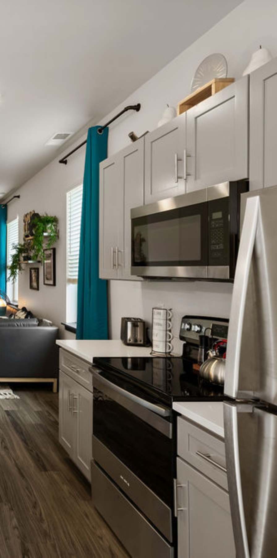 Modern kitchen in a model student apartment at Atlas on 17th in Bloomington, Indiana
