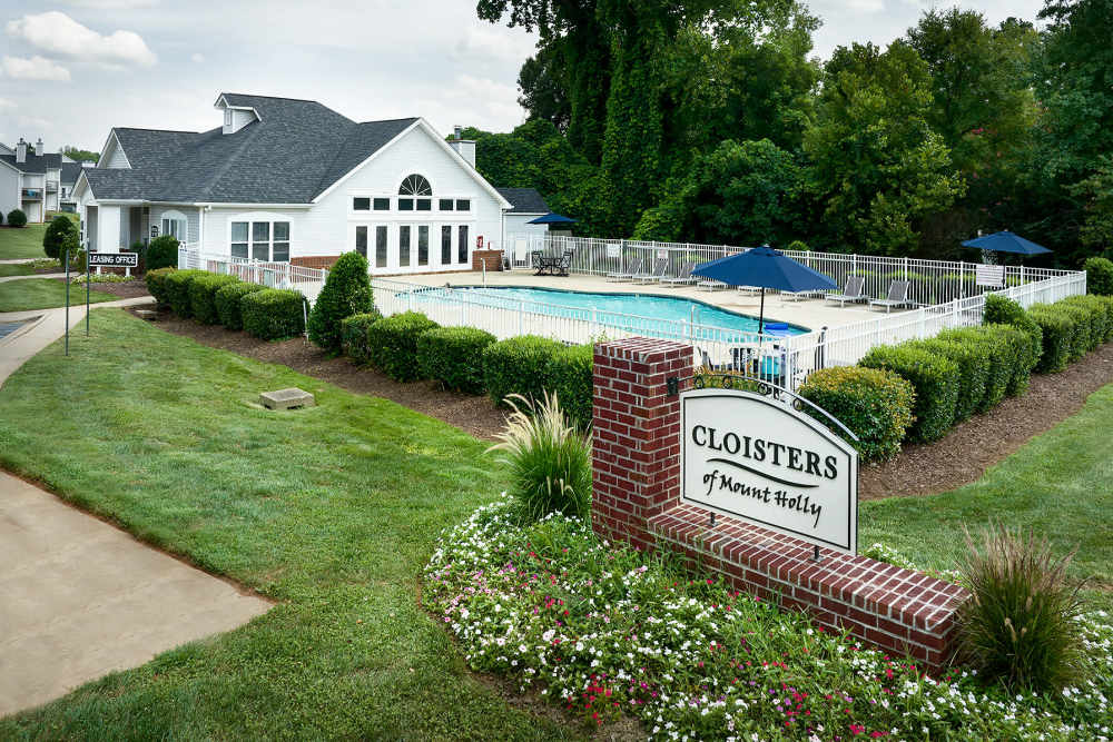 Outside property signage at Cloisters of Mount Holly in Mount Holly, North Carolina