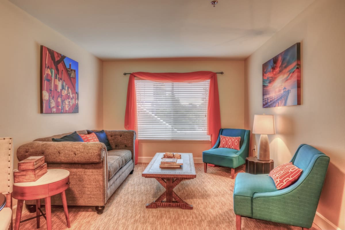 Senior living apartment living room at Northgate Plaza in Seattle, Washington