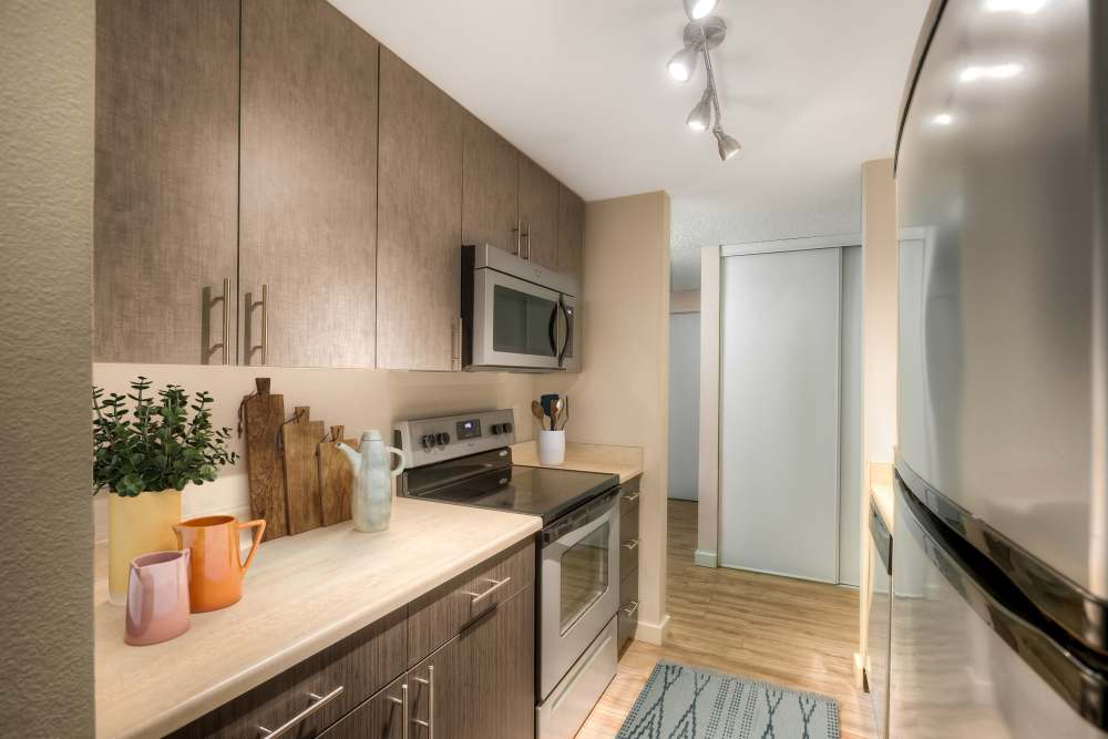 Kitchen with updated interiors at Karbon Apartments in Newcastle, Washington