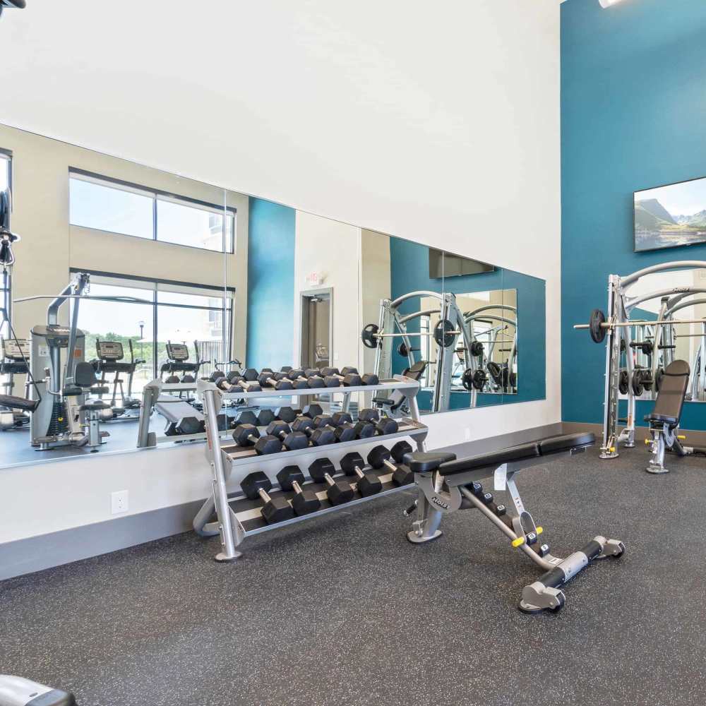 Fitness center with dumbell racks at Millennium Place in Corinth, Texas