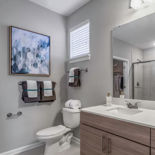 Quartz countertop and a large vanity mirror in a model home's bathroom at The Palmer in Charlotte, North Carolina