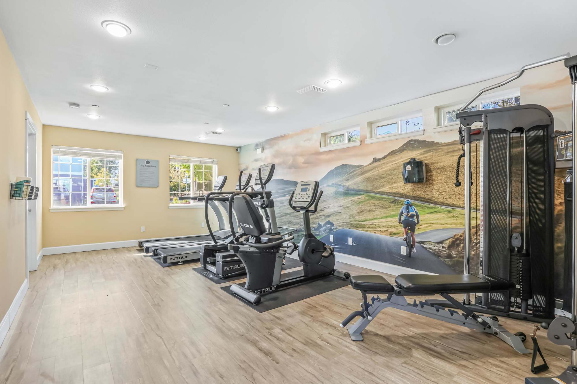 Fitness center with plenty of individual workout stations at The Addison Apartments in Vancouver, Washington
