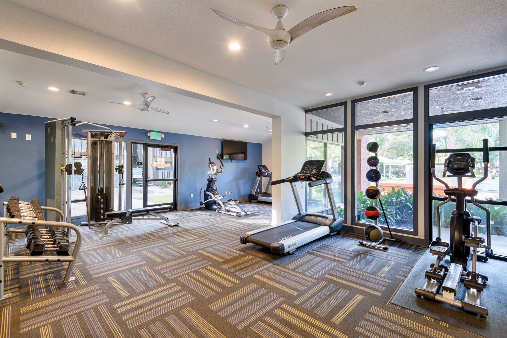 Fully-equipped fitness center at Falls at Arden in Sacramento, California