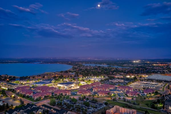 Sunset Aerial photo of the property and surrounding area at M2 Apartments in Denver