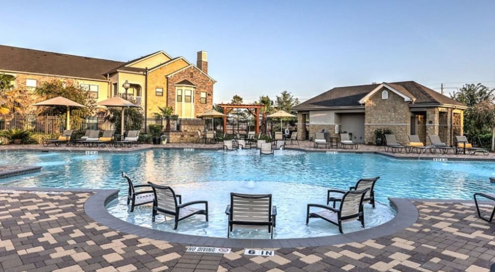 Serene swimming pool closeup at Waterstone at Cinco Ranch in Katy, Texas