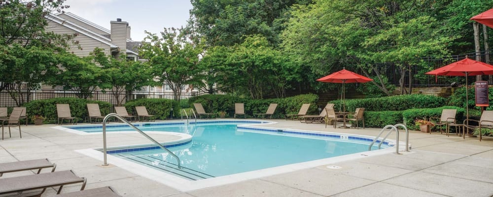 Seating around the community swimming pool at Windsor Park in Woodbridge, Virginia