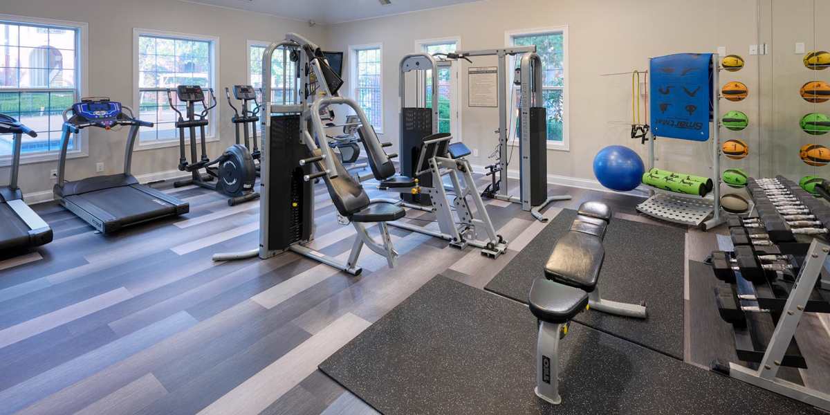 Fitness center with plenty of individual workout stations at Skyecrest Apartments in Lakewood, Colorado