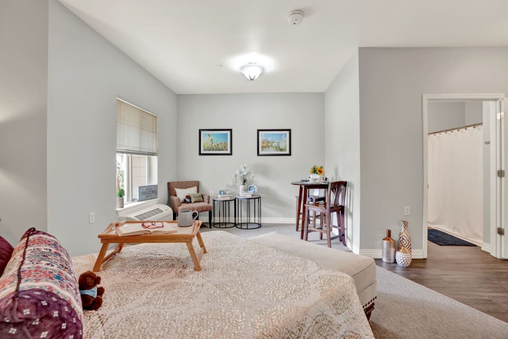 Serene bedroom at The Commons at Union Ranch in Manteca, California