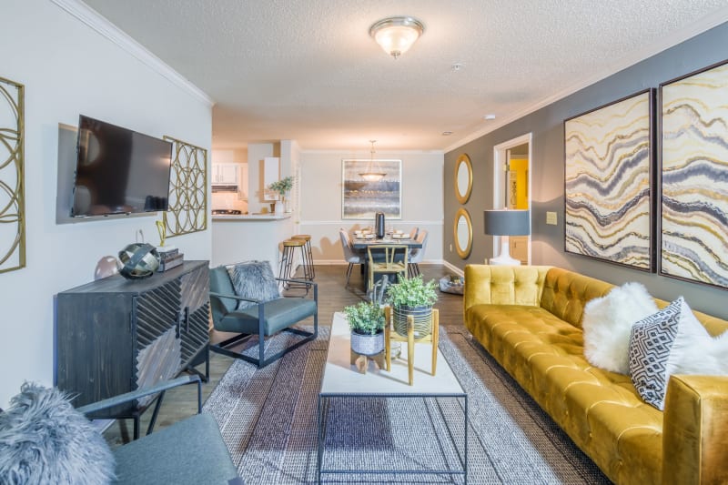 Living room with modern decor at The Oxford in Conyers, Georgia