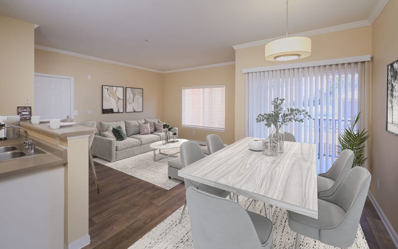 Decorated living room and dining room at Skyecrest Apartments in Lakewood, Colorado