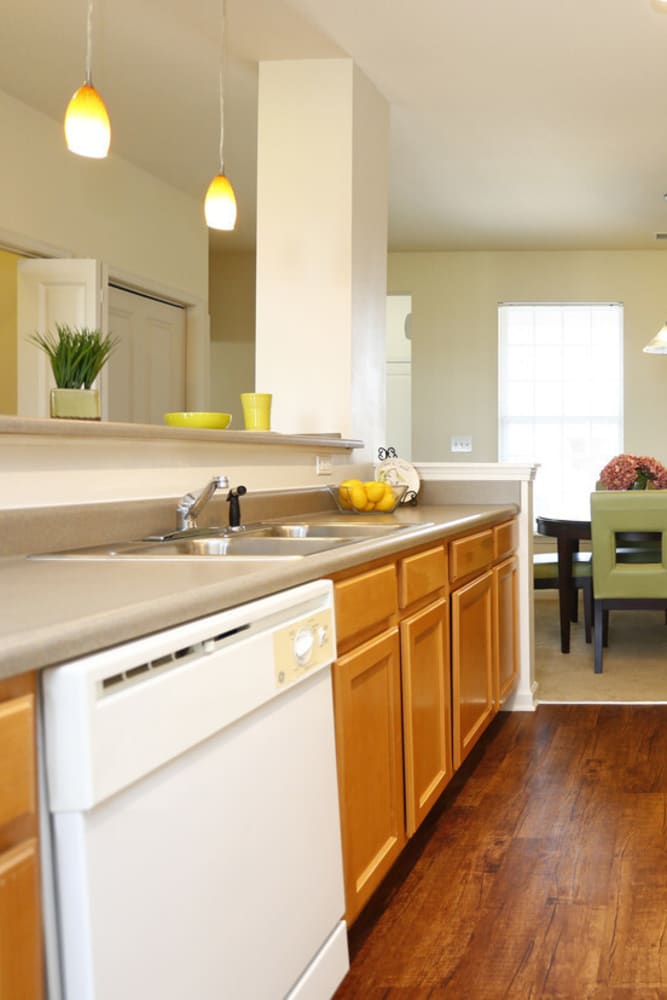 Modern kitchen with wood style flooring at Watersedge in Champaign, Illinois