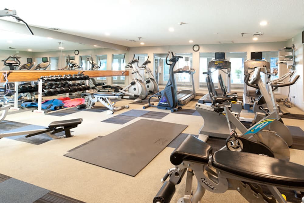 A spacious community gym at Pointe West Apartment Homes in West Des Moines, Iowa