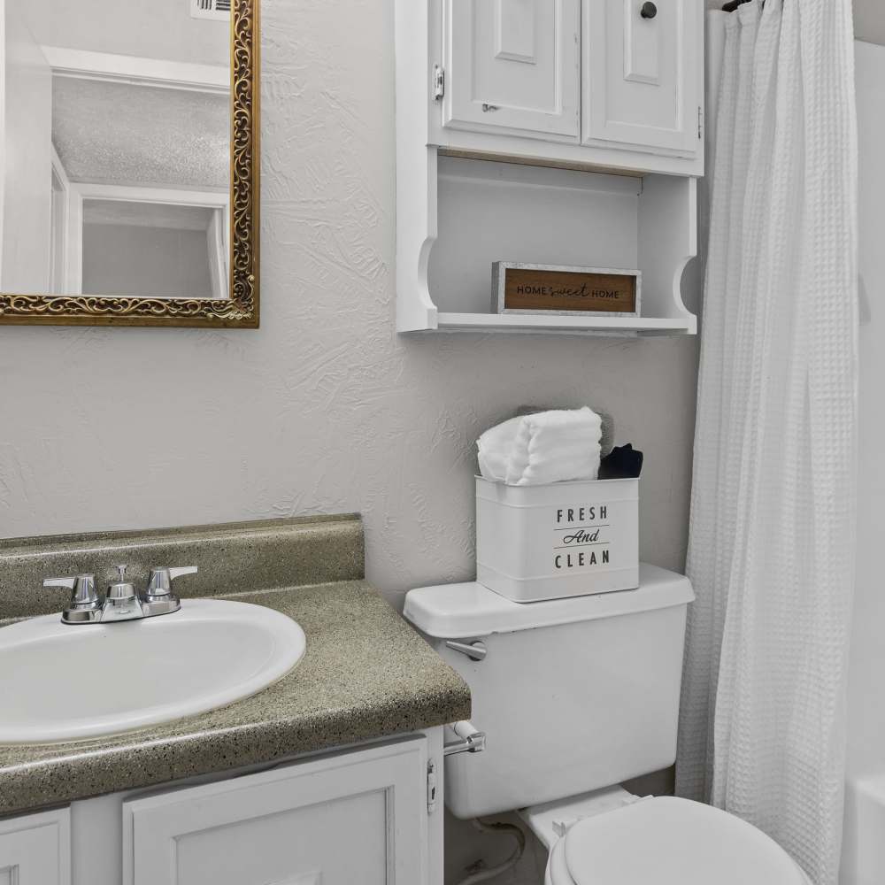 Charming bathroom featuring a clean and modern sink area with a stylish mirror, located in Pecan Ridge in Vicksburg, Mississippi.