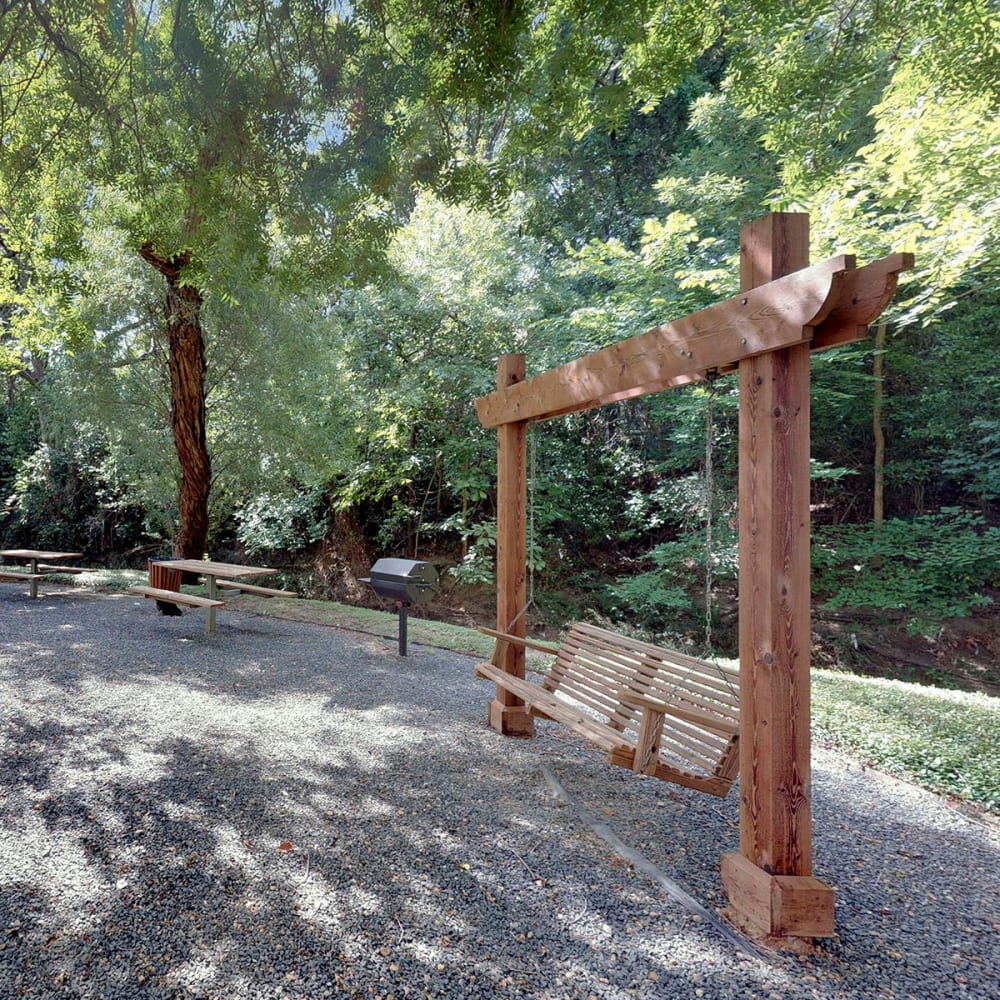 Picnic tables and a swinging bench shaded by large deciduous trees at one of the barbecue areas around the community at Oaks White Rock in Dallas, Texas