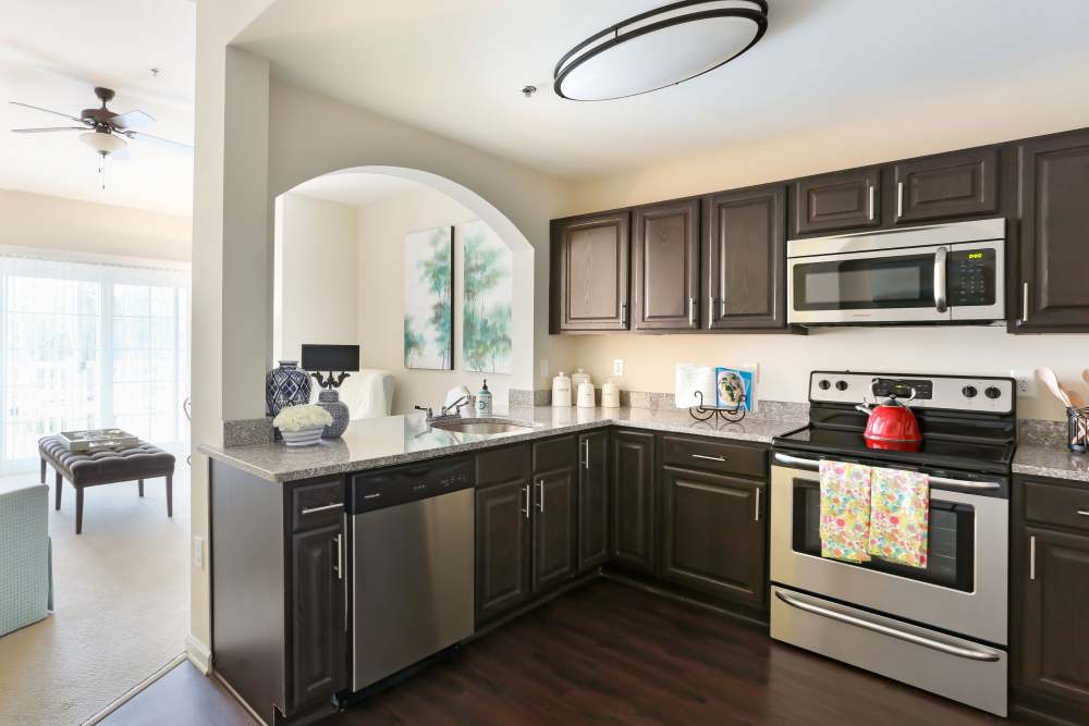 Kitchen of a senior apartments at Harmony at Wescott in Summerville, South Carolina