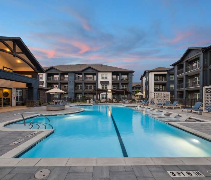 Resort-style swimming pool at Skyview Flats in Cypress, Texas