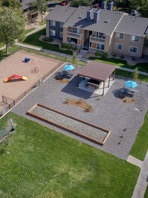 Seating near the barbeques at City Center Station Apartments in Aurora, Colorado