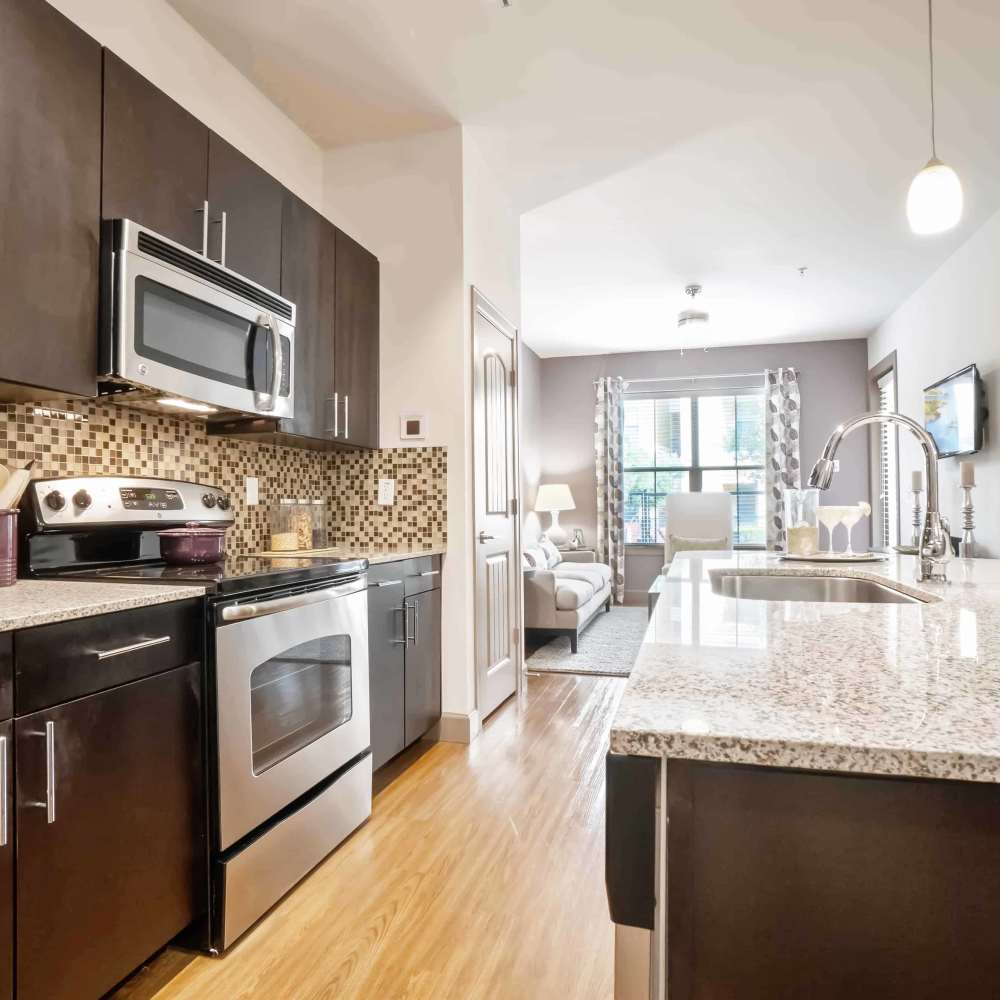 Kitchen with built-in microwave at Grapevine Station in Grapevine,Texas