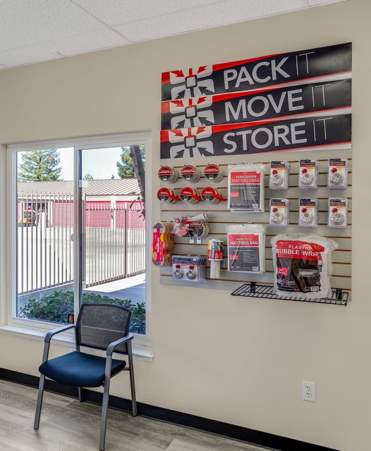 Packing supplies available in the leasing office at StorQuest Self Storage in Stockton, California