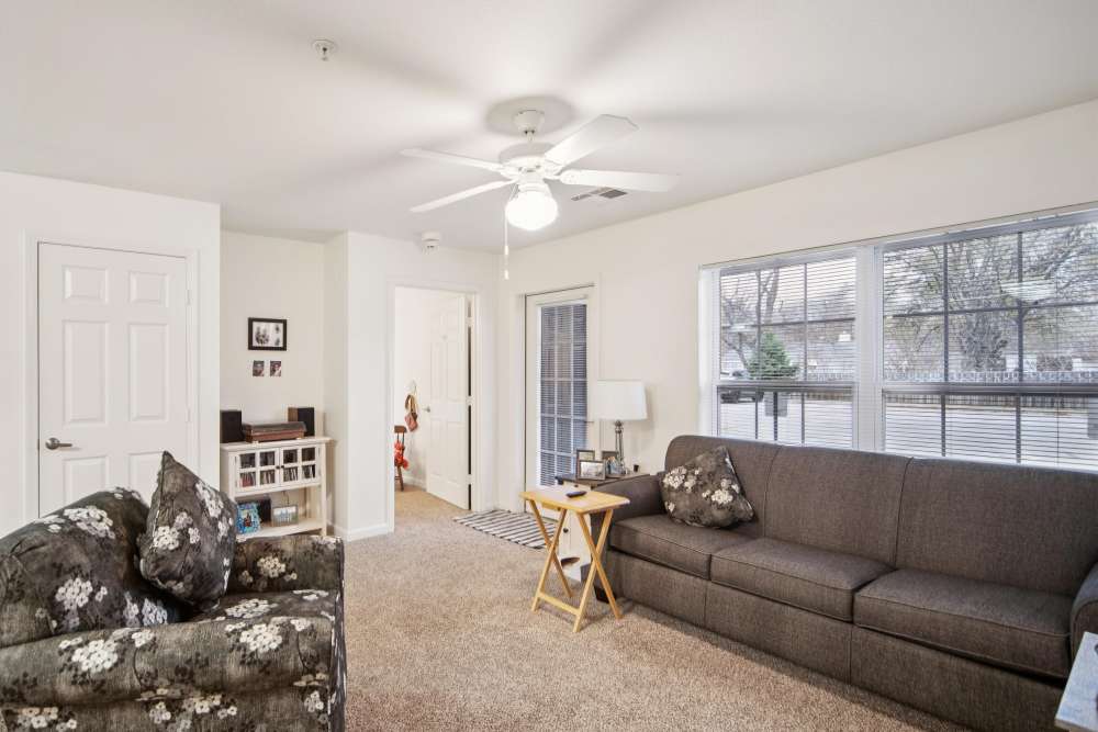 Cozy living room with modern decor and natural light at Villas At Meadow Springs in Ankeny, Iowa