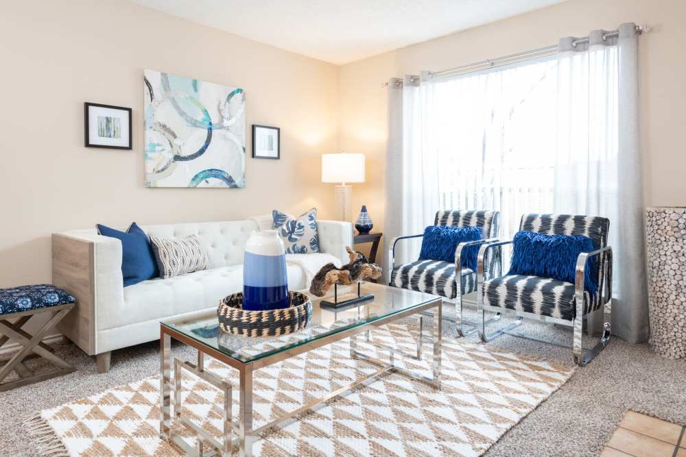 Charming living space featuring modern furnishings and vibrant decor at Charter Oak in Euless, Texas.