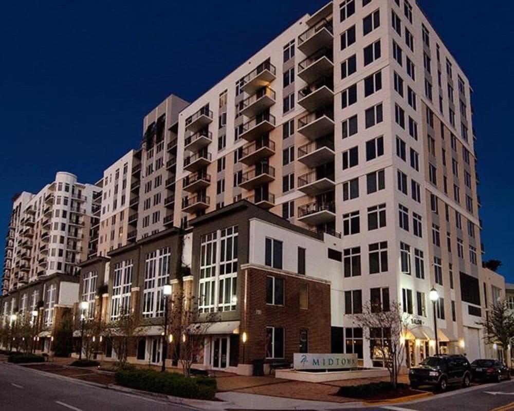 Exterior at dusk at Midtown 24 in Plantation, Florida