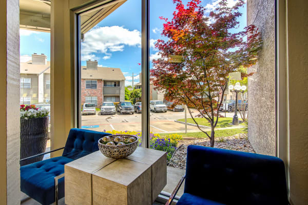 Seating by a window in the clubhouse at Canyon Grove in Grand Prairie, Texas