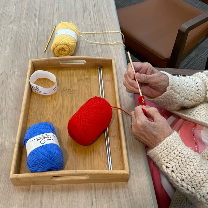 Resident knitting at The Village at Summerville in Summerville, South Carolina