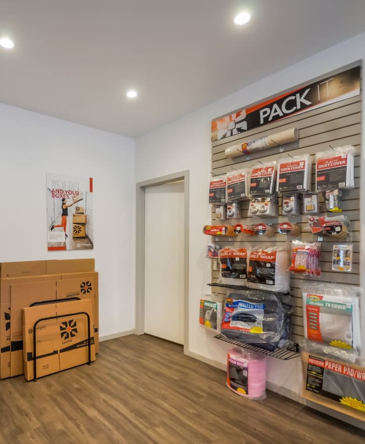 Interior of the leasing office with packing supplies for sale at StorQuest Self Storage in San Rafael, California