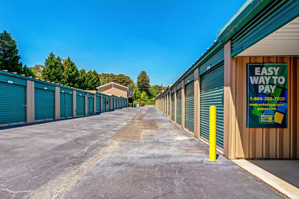 Exterior drive up units at Metro Self Storage in Norcross, Georgia