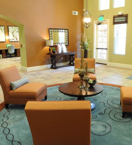 Clubhouse living area at Cresta Bella in San Diego, California