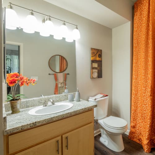 Bathroom with large vanity at Pinnacle at Galleria Apartments in Roseville, California