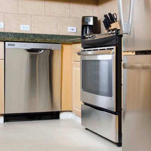 Stainless-steel appliances at Wellshire Apartments in Denver, Colorado