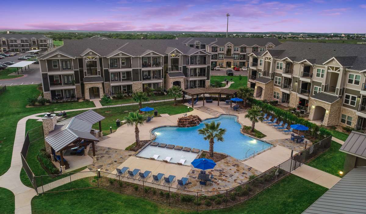 Aerial view of the community clubhouse at Canyon House in New Braunfels, Texas