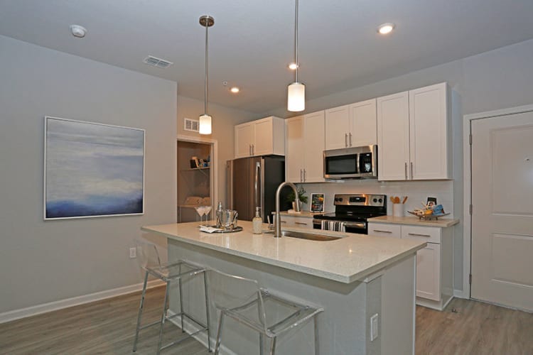 Modern kitchen in a model home at Vue at Belleair in Clearwater, Florida