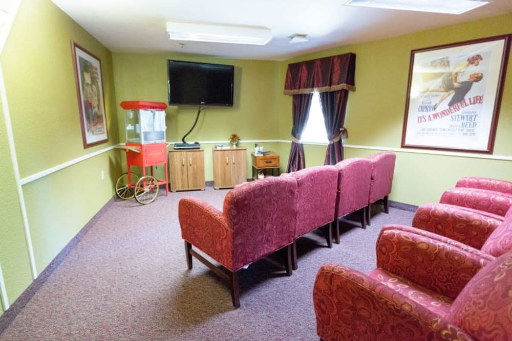 Movie theatre seating at Blossom Vale Senior Living in Orangevale, California.